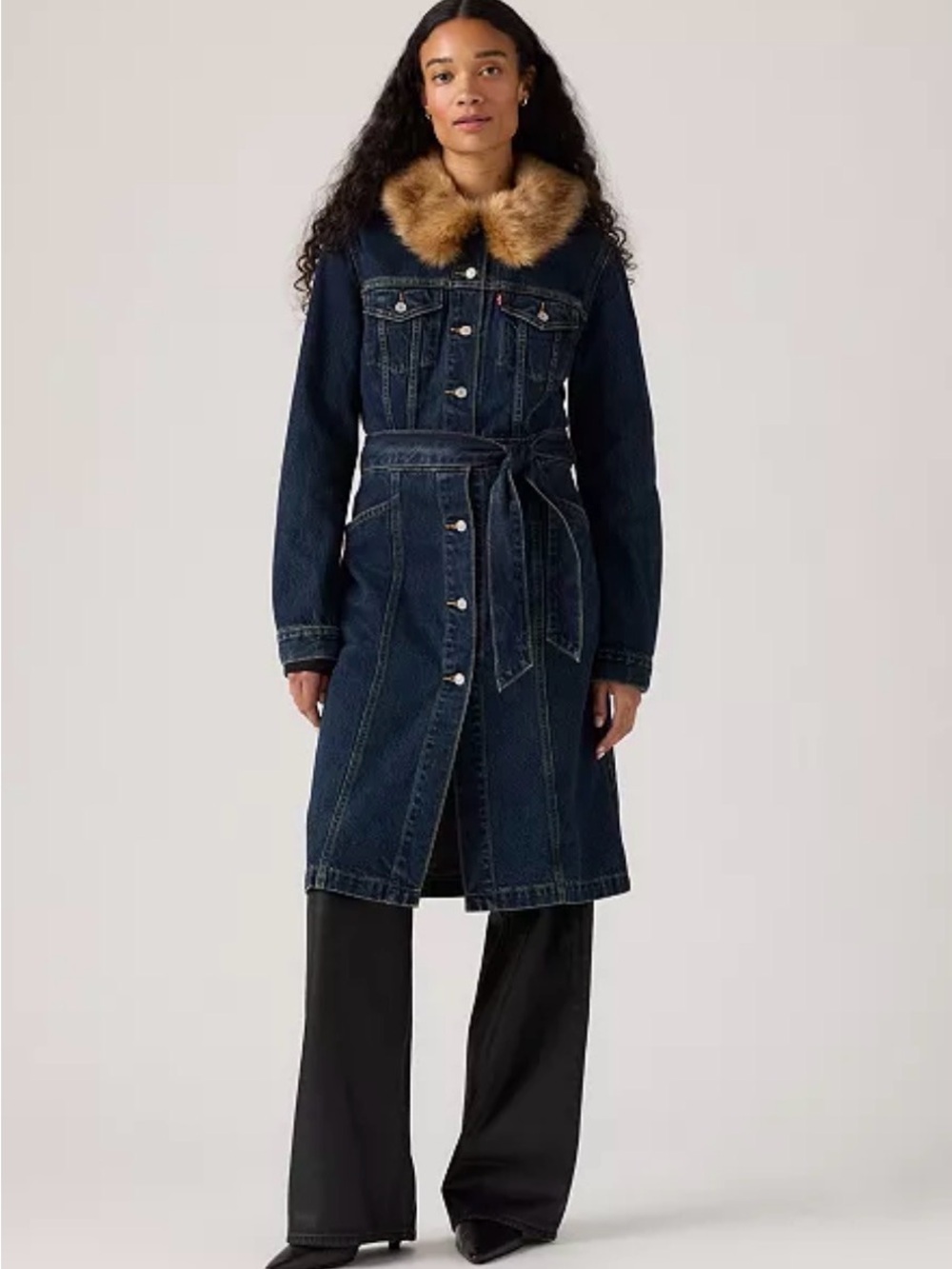 NEW LEVI’S Mob Wife Faux Fur Trim Belted Long Denim Jacket 100% COTTON SZ SMALL